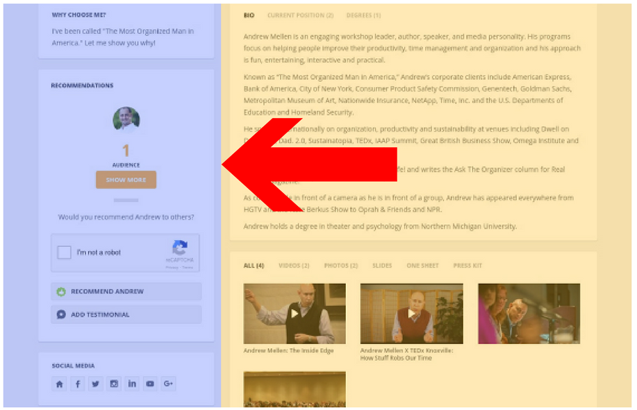 The sections of your SpeakerHub profile