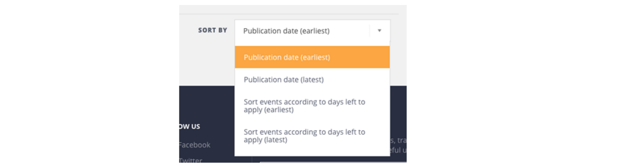Sort through the feed, and sort the results based on when the event was posted by the organizer or which application date is coming up next.