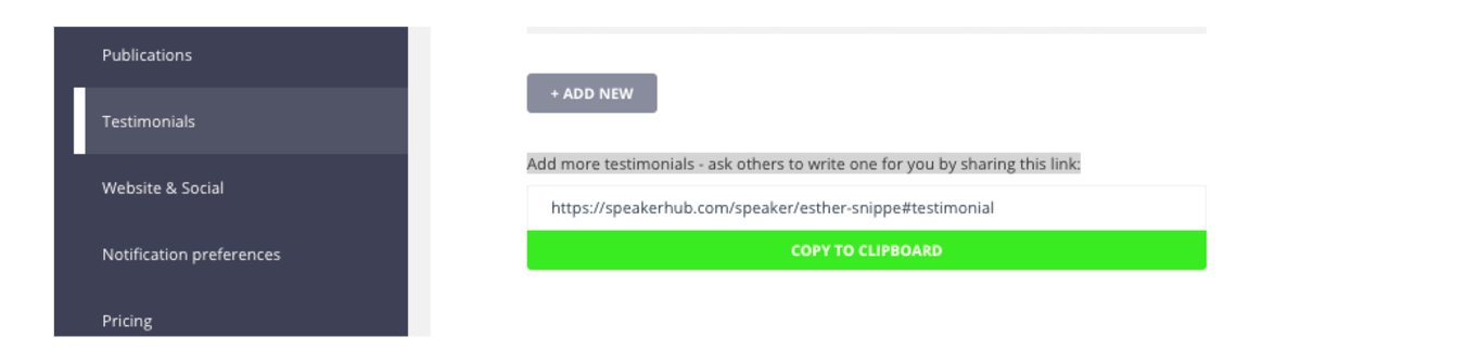 Shareable testimonial links: Speaker Profile