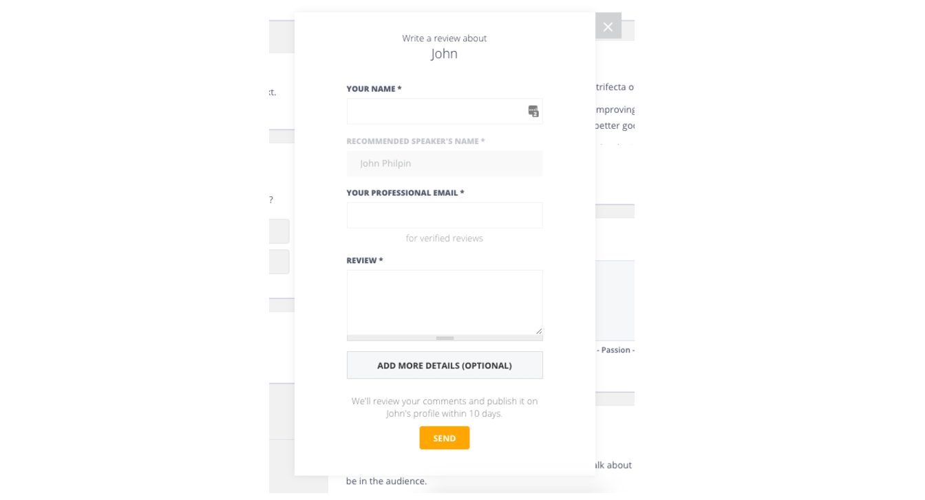 Testimonial Edit box: Speaker Profile